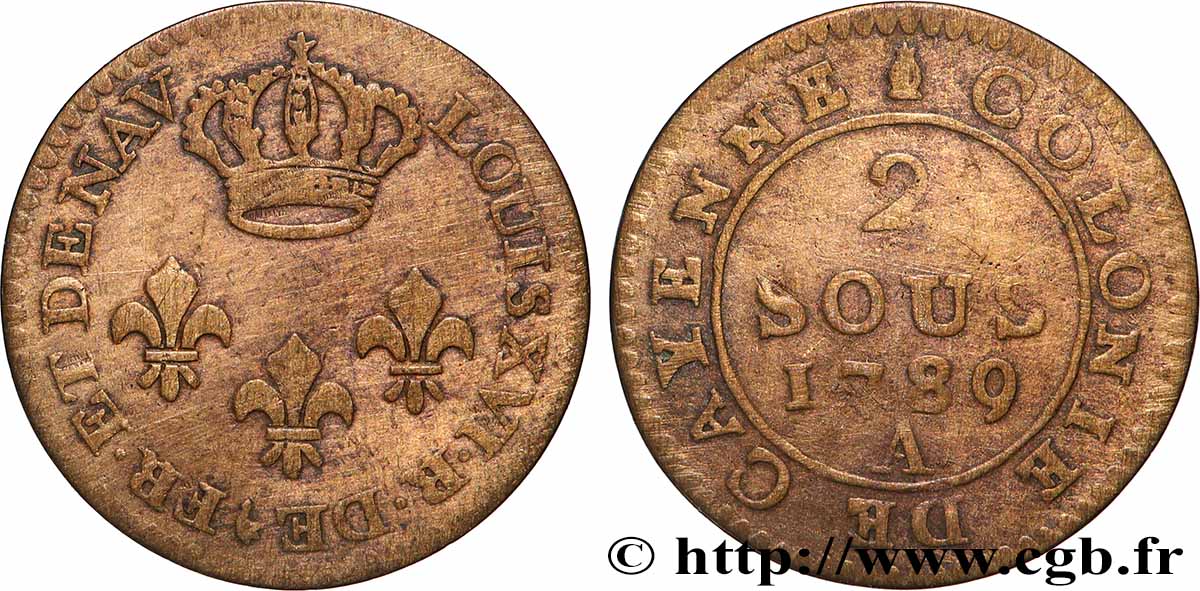 GUYANE FRANÇAISE 2 Sous colonie de Cayenne 2e type 1789 Paris - A TB 