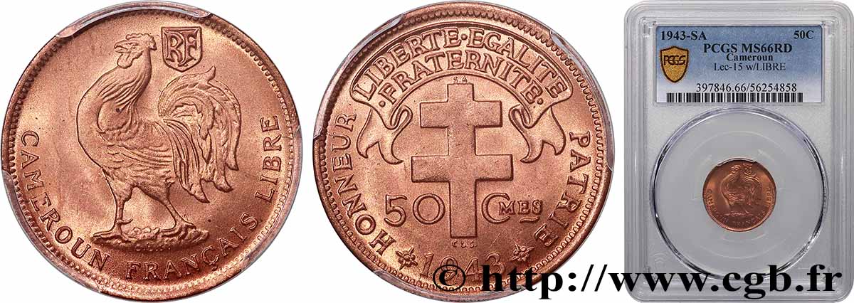 CAMERUN - Mandato Francese 50 Centimes ‘Cameroun Français Libre’ 1943 Prétoria FDC66 PCGS