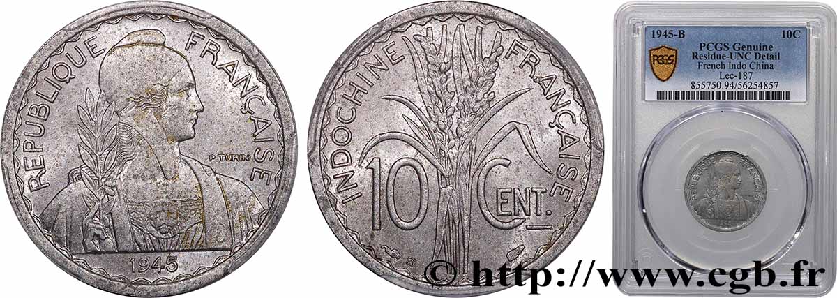 FRENCH INDOCHINA 10 Centièmes 1945 Beaumont-le-Roger MS PCGS