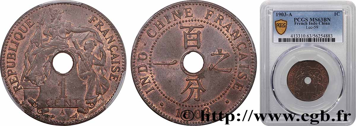 FRENCH INDOCHINA 1 Centième 1903 Paris MS63 PCGS