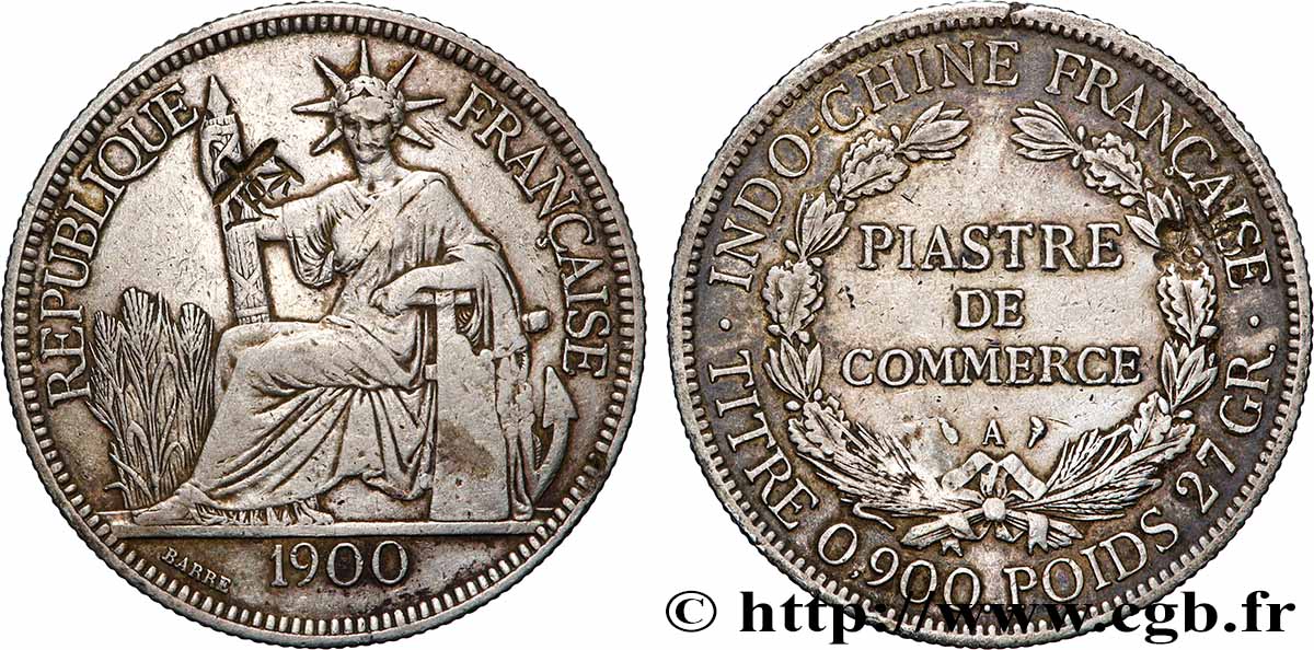 FRENCH INDOCHINA 1 Piastre de Commerce (contremarques chinoises) 1900 Paris VF 