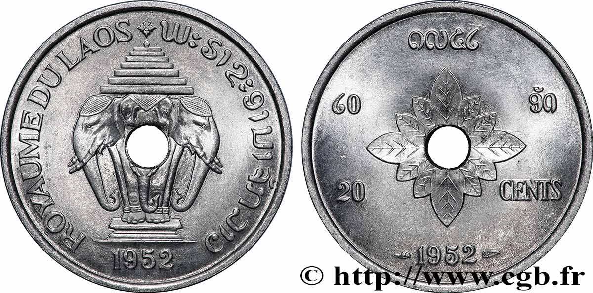 LAO 20 Cents Royaume du Laos, éléphants 1952 Paris EBC 