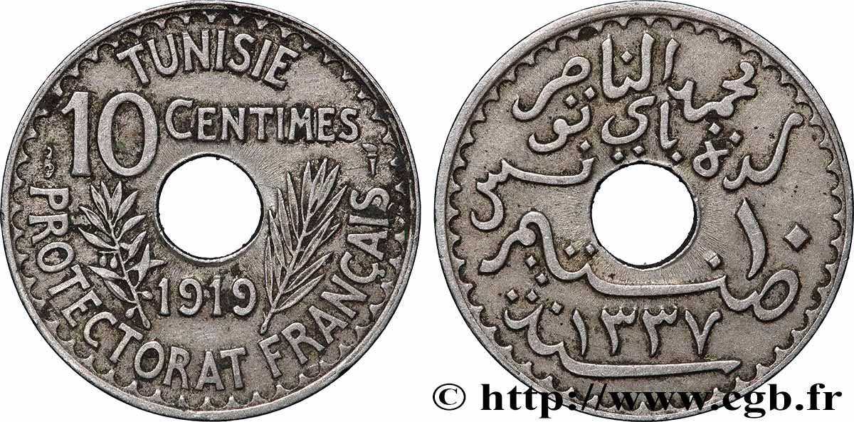 TUNISIA - Protettorato Francese 10 Centimes AH 1337 1919 Paris BB 