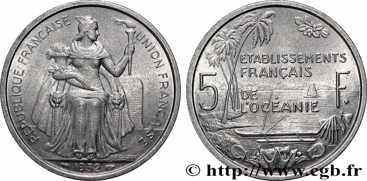 POLYNÉSIE FRANÇAISE - Océanie française 5 Francs Établissements Français de l’Océanie 1952 Paris SUP 
