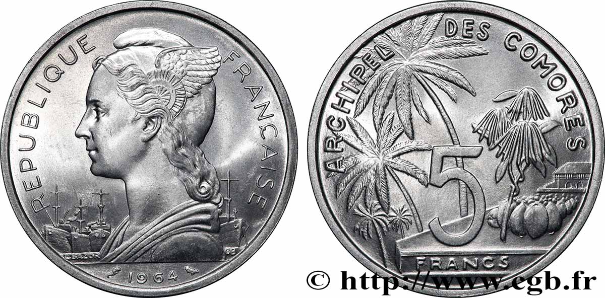 COMOROS  5 Francs 1964 Paris MS 