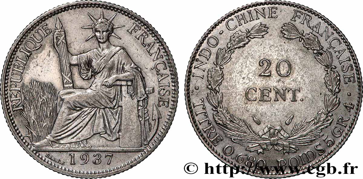 INDOCHINE FRANÇAISE 20 Centièmes 1937 Paris TTB+ 