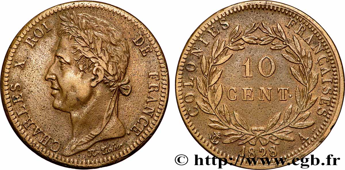 COLONIE FRANCESI - Carlo X, per Guyana 10 Centimes Charles X 1828 Paris - A BB 