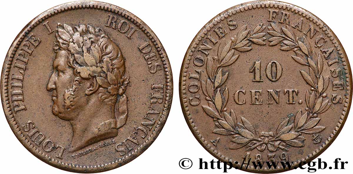COLONIE FRANCESI - Luigi Filippo, per Guadalupa 10 Centimes Louis-Philippe 1839 Paris q.SPL 