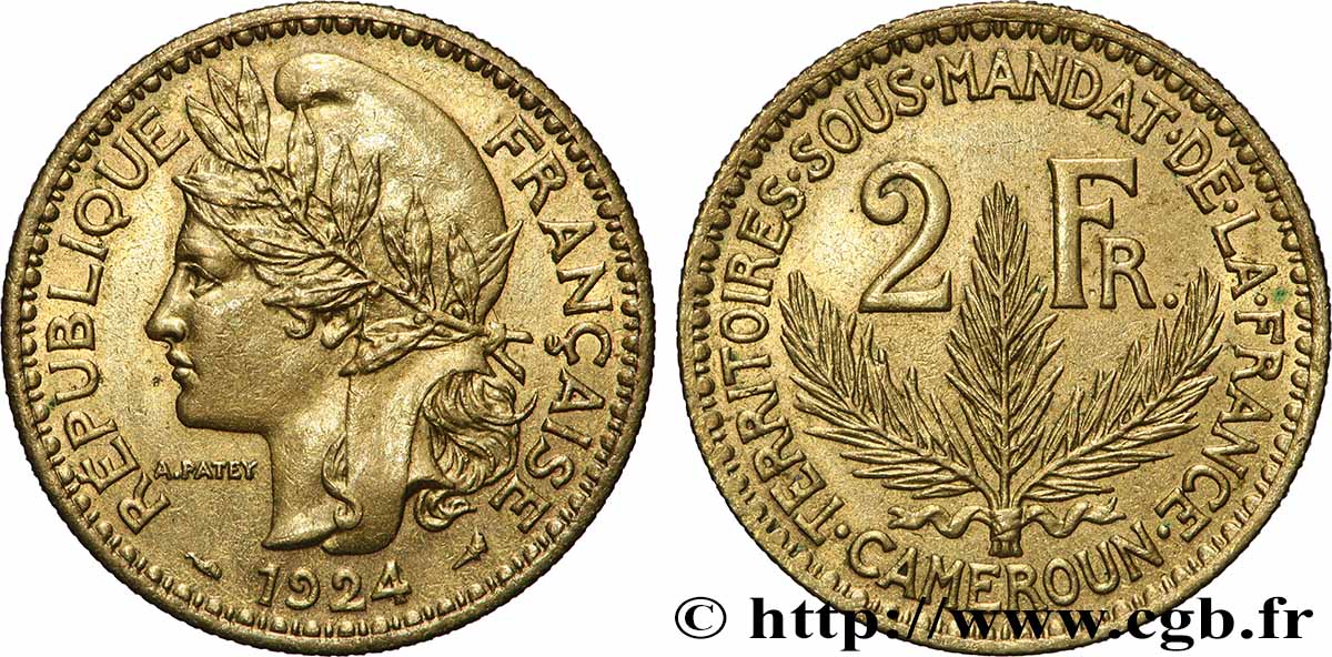 CAMEROUN - TERRITOIRES SOUS MANDAT FRANÇAIS 2 Francs 1924 Paris TTB+ 