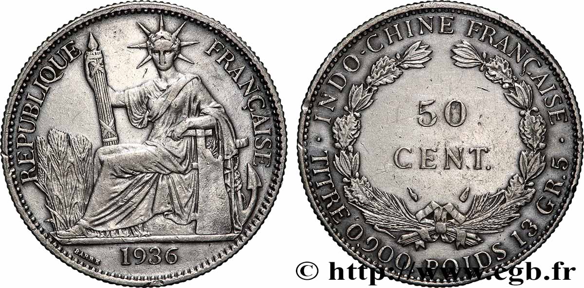 INDOCHINE FRANÇAISE 50 Centièmes 1936 Paris TTB 