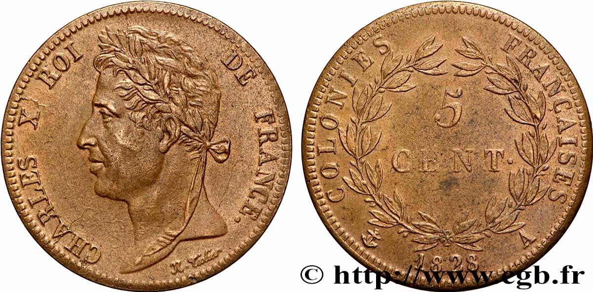 COLONIE FRANCESI - Carlo X, per Guyana 5 Centimes Charles X 1828 Paris - A BB 