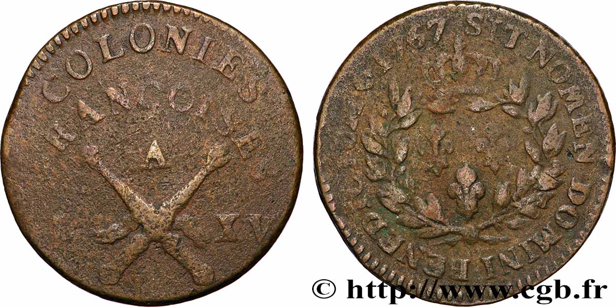 FRENCH COLONIES - LOUIS XV 1 Sol des Colonies Françoises 1767 Paris VF 
