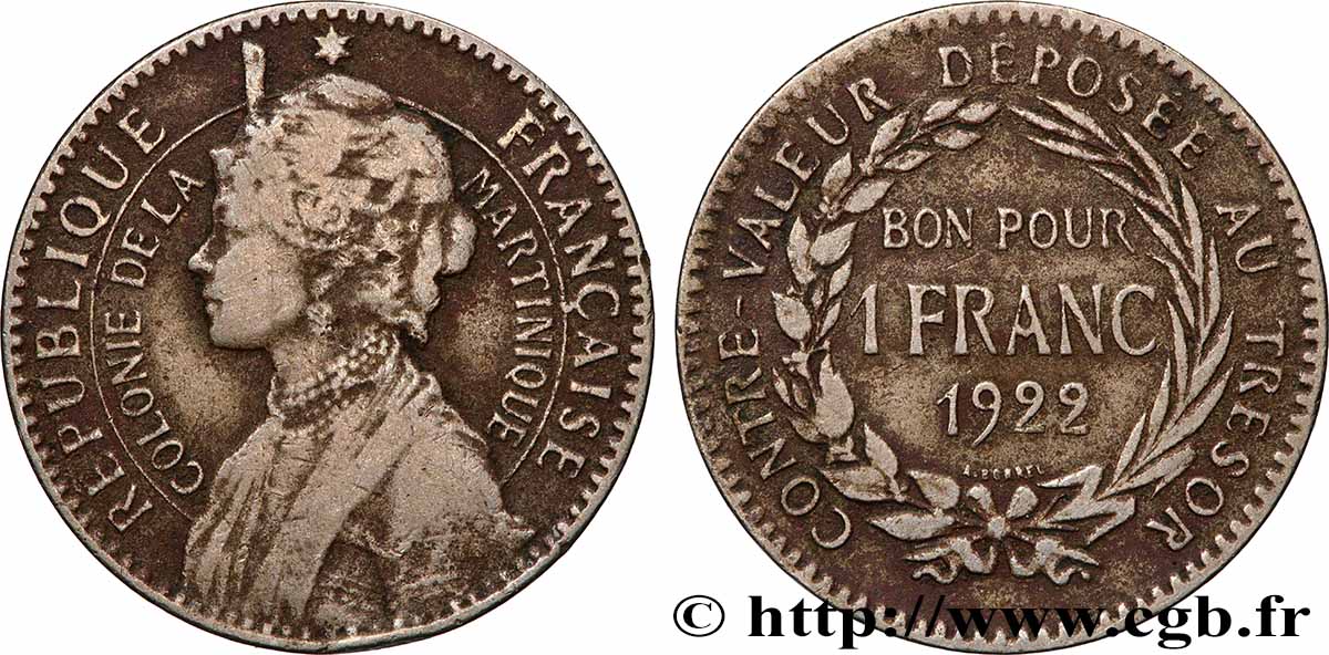 MARTINIQUE Bon pour 1 Franc Colonie de la Martinique 1922 sans atelier VF 