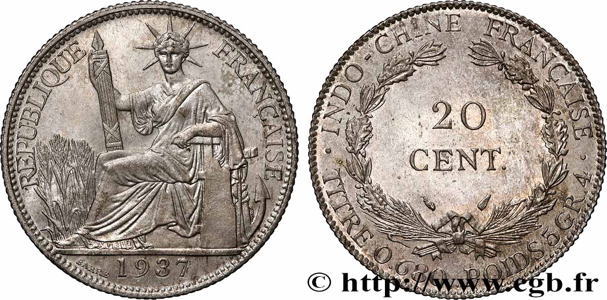 INDOCHINE FRANÇAISE 20 Centièmes 1937 Paris SUP 