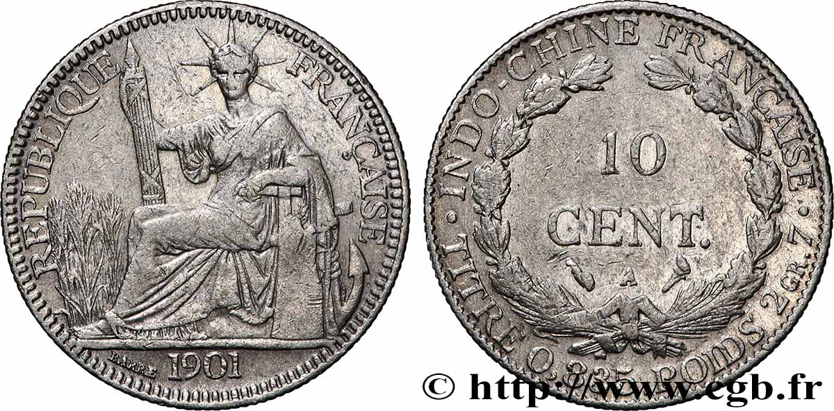 INDOCHINE FRANÇAISE 10 Centièmes 1901 Paris TB+ 