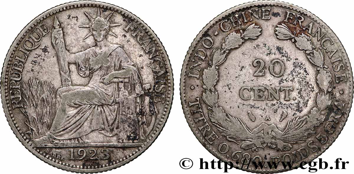 INDOCHINE FRANÇAISE 20 Centièmes 1923 Paris TB+ 
