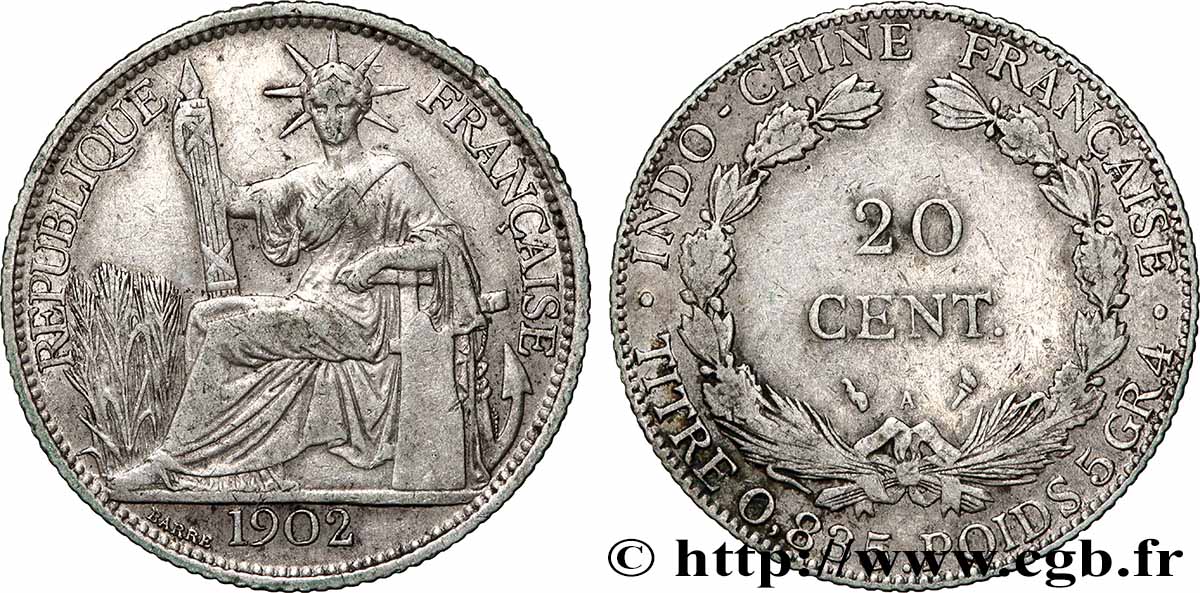 FRENCH INDOCHINA 20 Centièmes 1902 Paris VF 