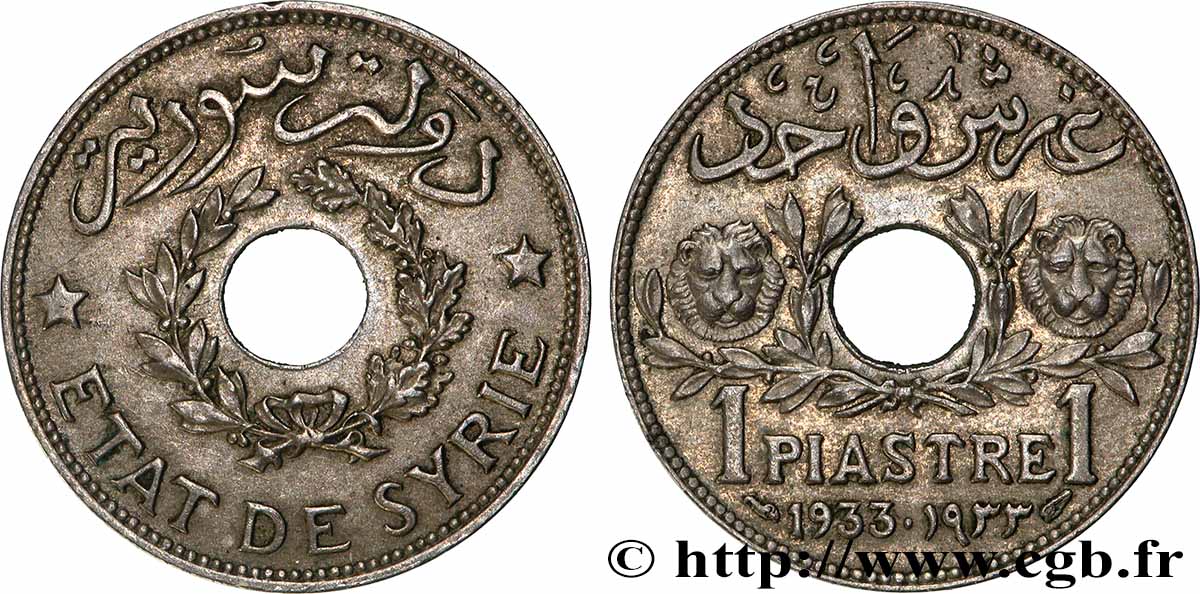 SYRIE - TROISIÈME RÉPUBLIQUE 1 Piastre État de Syrie / deux têtes de lion 1933 Paris TTB+ 
