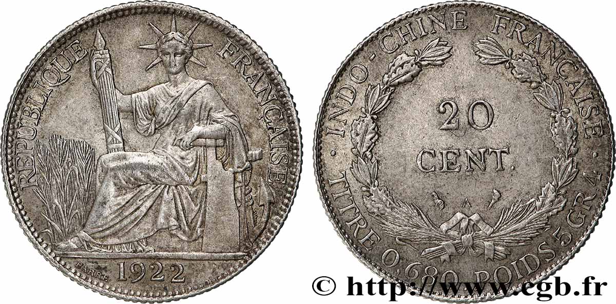 INDOCHINE FRANÇAISE 20 Centièmes 1922 Paris TTB+ 
