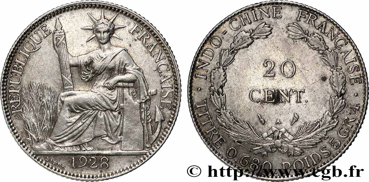 INDOCHINE FRANÇAISE 20 Centièmes 1928 Paris TTB+ 