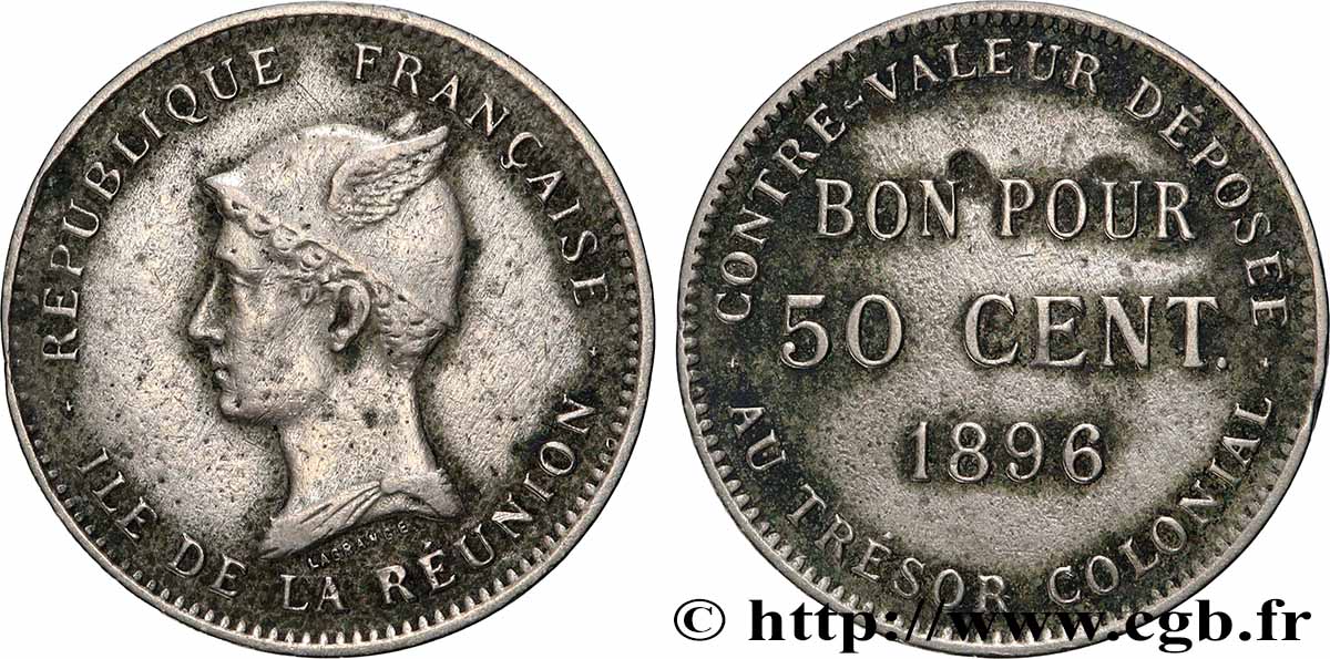 ÎLE DE LA RÉUNION - Troisième République Bon pour 50 Centimes 1896 sans atelier TB+ 