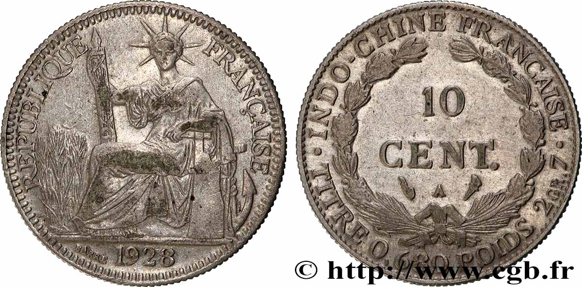 INDOCHINE FRANÇAISE 10 Centièmes 1928 Paris TB+ 