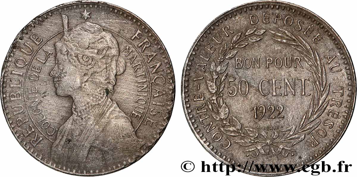 ÎLE DE LA MARTINIQUE 50 Centimes 1922 sans atelier TB+ 