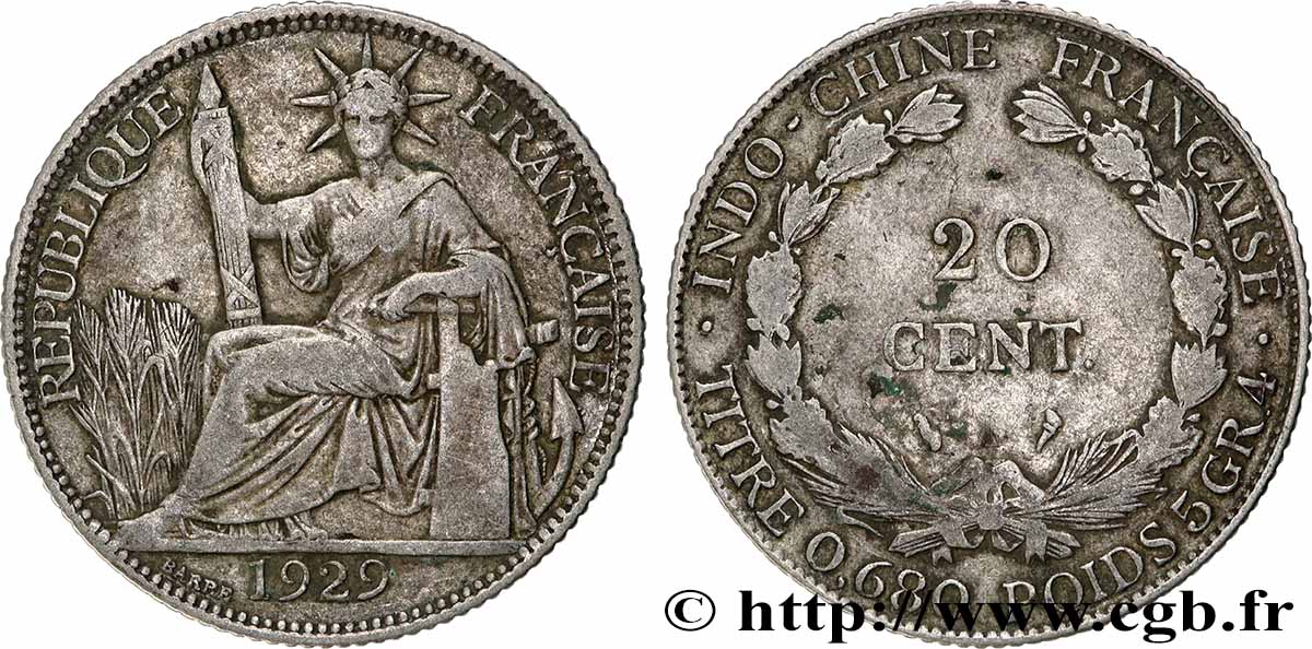 INDOCHINA 20 Centièmes 1929 Paris BC+ 