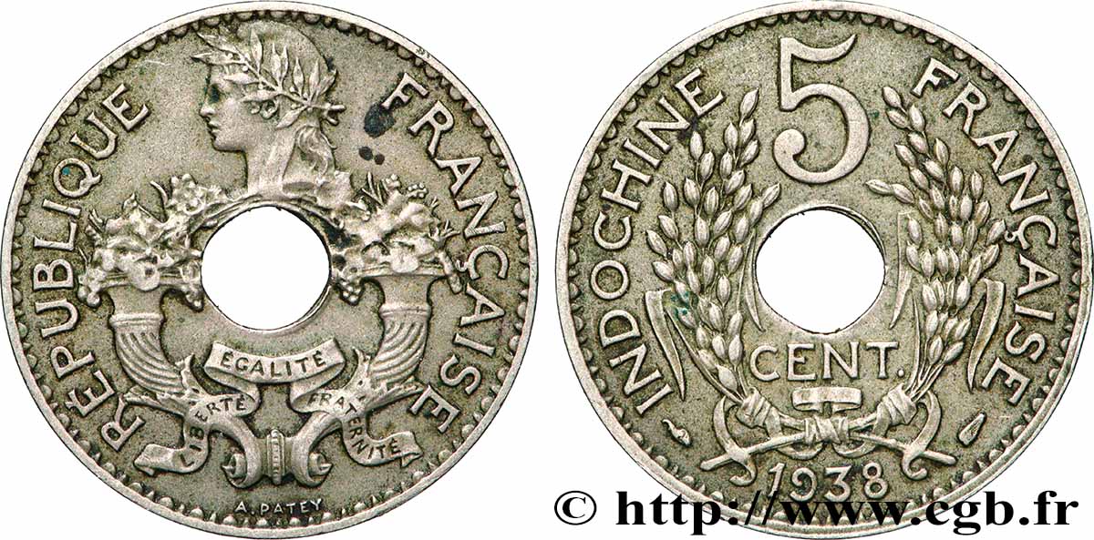 INDOCHINE FRANÇAISE 5 Centièmes 1938 Paris TTB 
