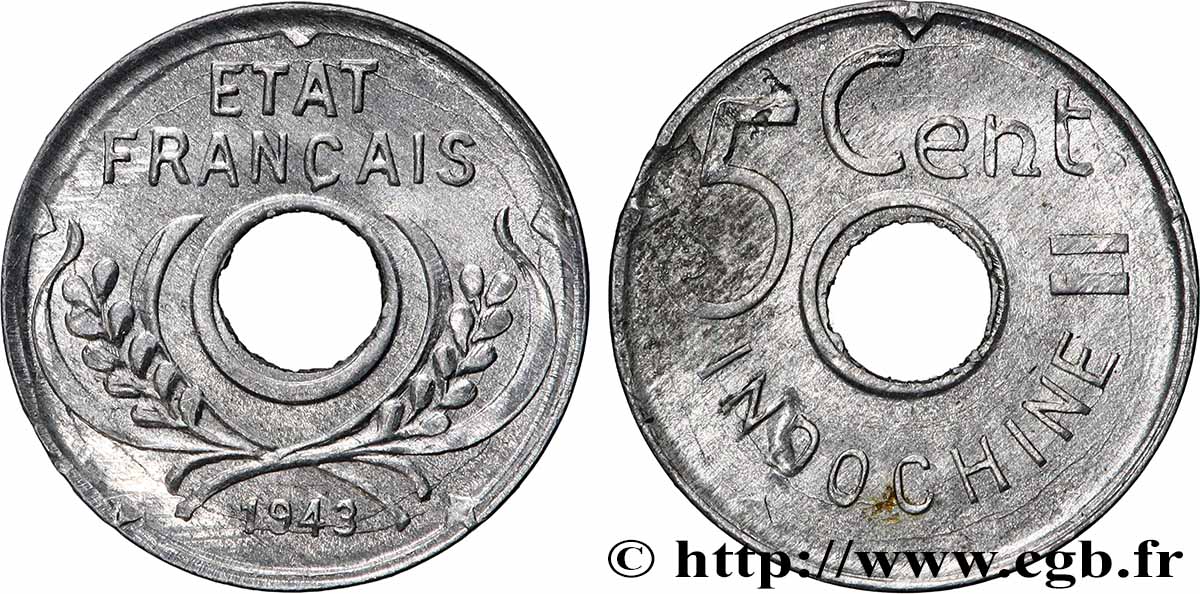INDOCHINE FRANÇAISE 5 Centièmes 1943 Hanoï TTB+ 