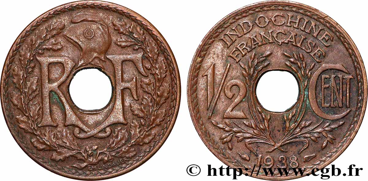 INDOCHINE FRANÇAISE 1/2 Centième 1938 Paris TTB+ 