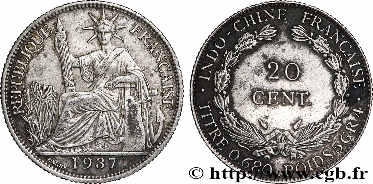INDOCHINE FRANÇAISE 20 Centièmes 1937 Paris TTB 