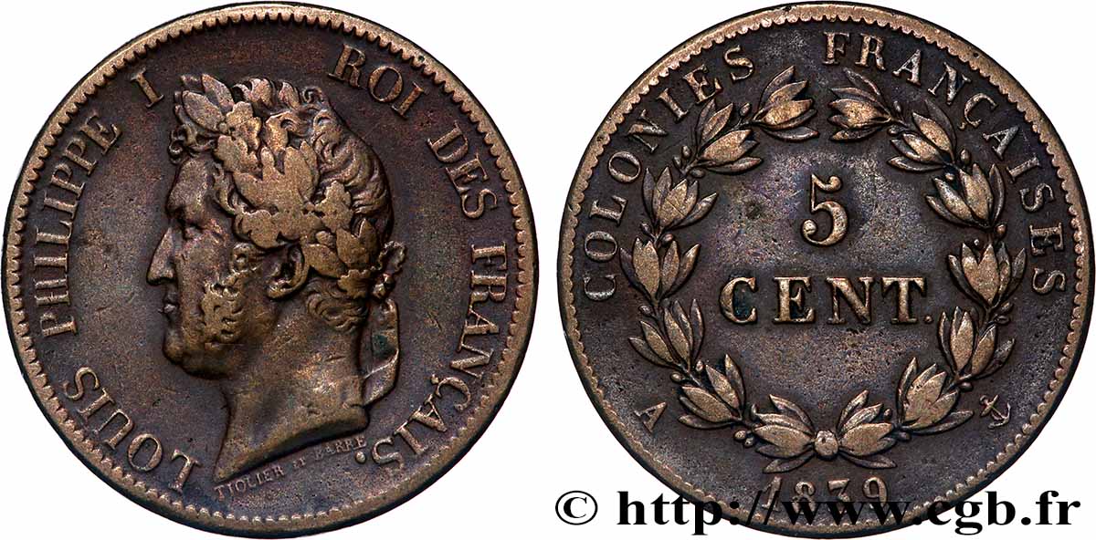 COLONIAS FRANCESAS - Louis-Philippe para Guadalupe 5 Centimes Louis Philippe Ier 1839 Paris - A BC+ 