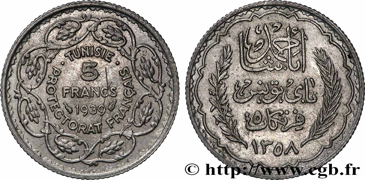 TUNISIE - PROTECTORAT FRANÇAIS 5 Francs AH 1358 1939 Paris TTB 