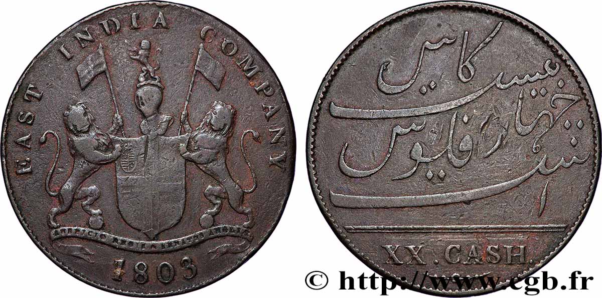 ISLE OF FRANCE (MAURITIUS) XX (20) Cash East India Company 1803 Madras VF 