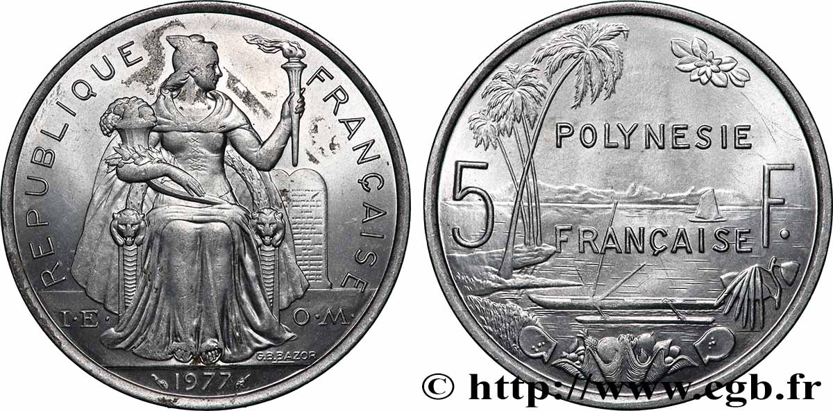 FRANZÖSISCHE-POLYNESIEN 5 Francs I.E.O.M. 1977 Paris fST 