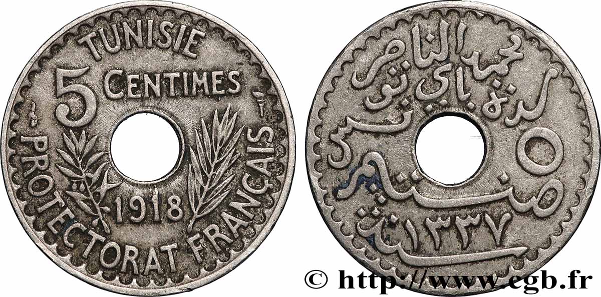 TUNISIE - PROTECTORAT FRANÇAIS 5 Centimes AH 1337 1918 Paris TTB 