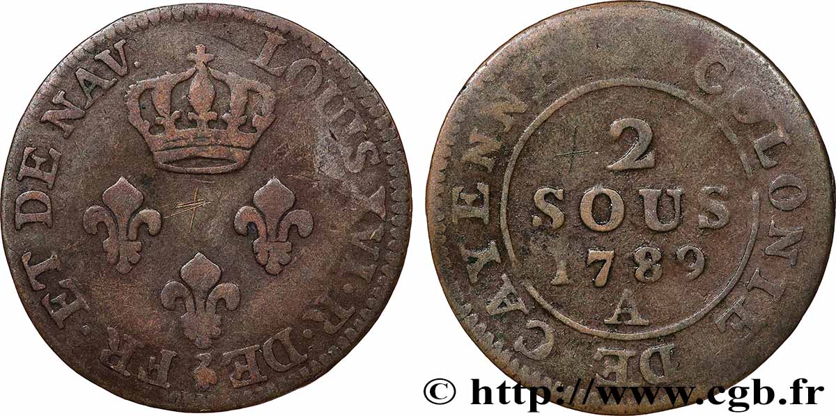 FRENCH GUIANA 2 Sous colonie de Cayenne 2e type 1789 Paris - A VF 