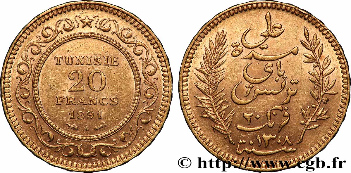 OR, PALLADIUM ET PLATINE INVESTISSEMENT 20 Francs or Bey Ali AH 1308 1891 Paris TTB+ 