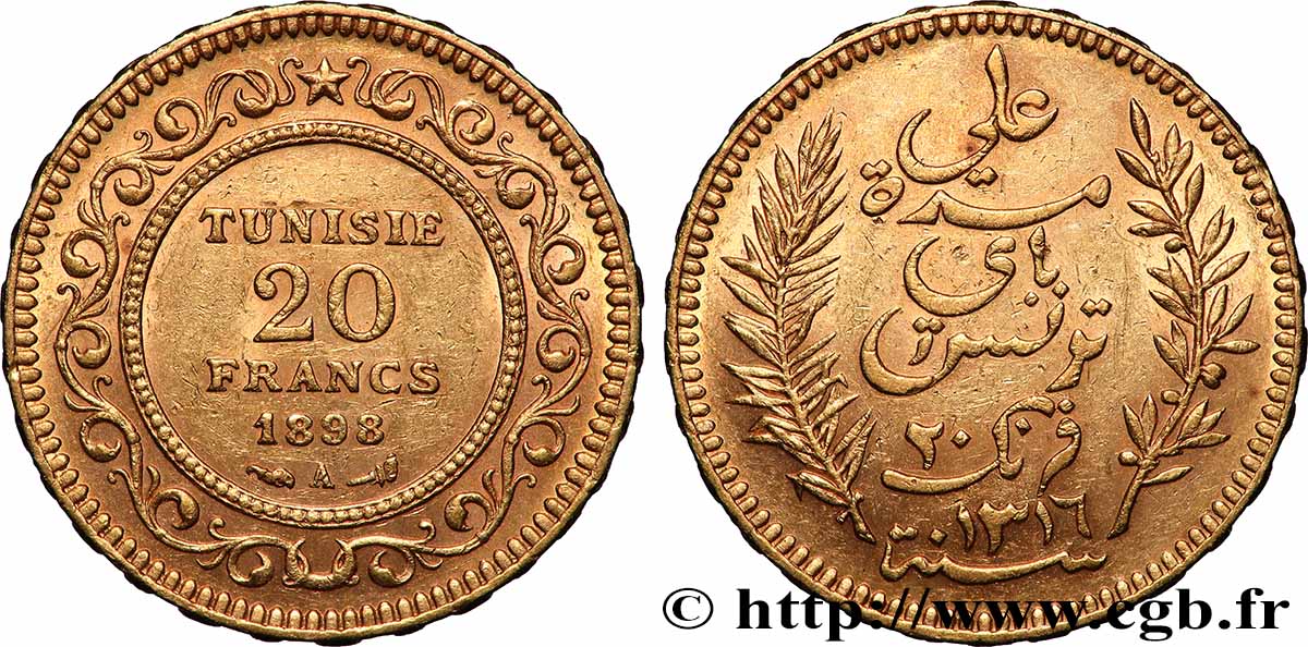 OR, PALLADIUM ET PLATINE INVESTISSEMENT 20 Francs or Bey Ali AH 1316 1898 Paris TTB+ 