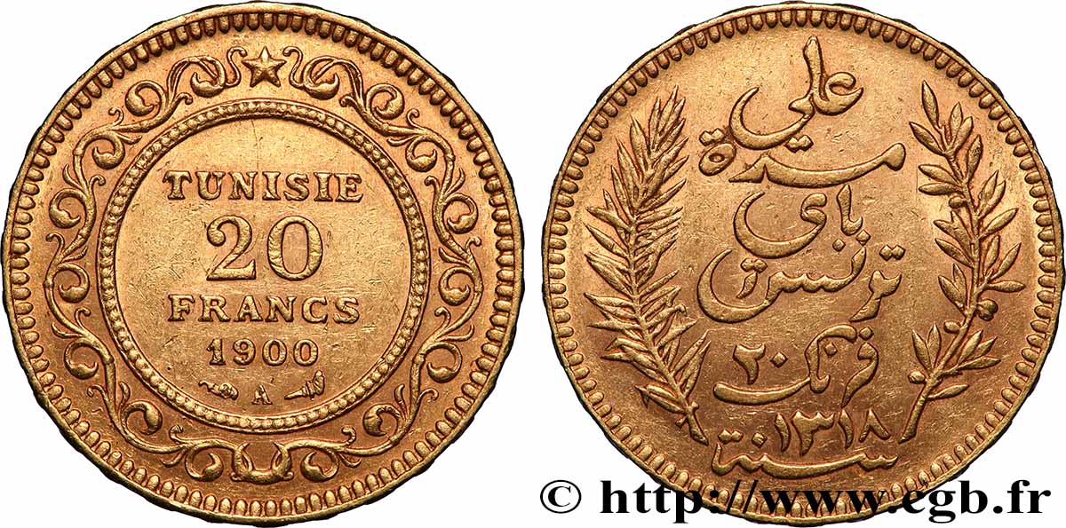 OR, PALLADIUM ET PLATINE INVESTISSEMENT 20 Francs or Bey Ali AH 1318 1900 Paris TTB 