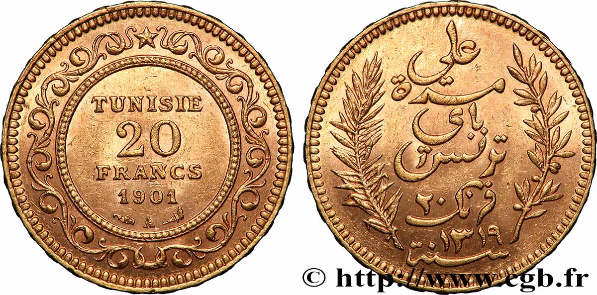 OR, PALLADIUM ET PLATINE INVESTISSEMENT 20 Francs or Bey Ali AH 1319 1901 Paris TTB+ 