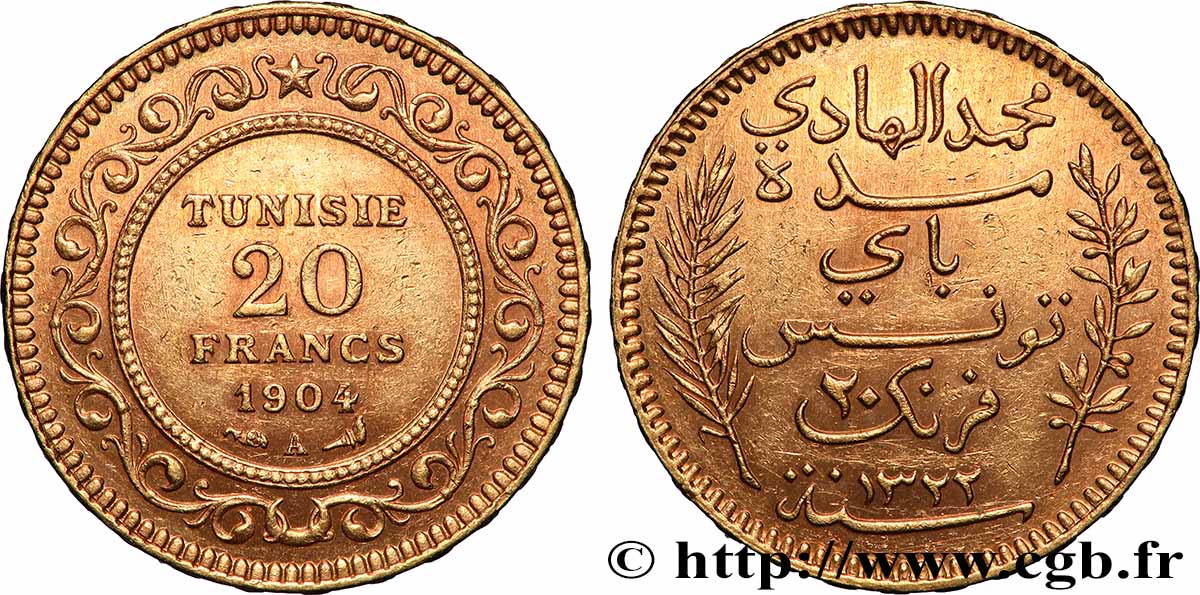 OR, PALLADIUM ET PLATINE INVESTISSEMENT 20 Francs or Bey Mohamed El Hadi AH 1321 1904 Paris TTB+ 