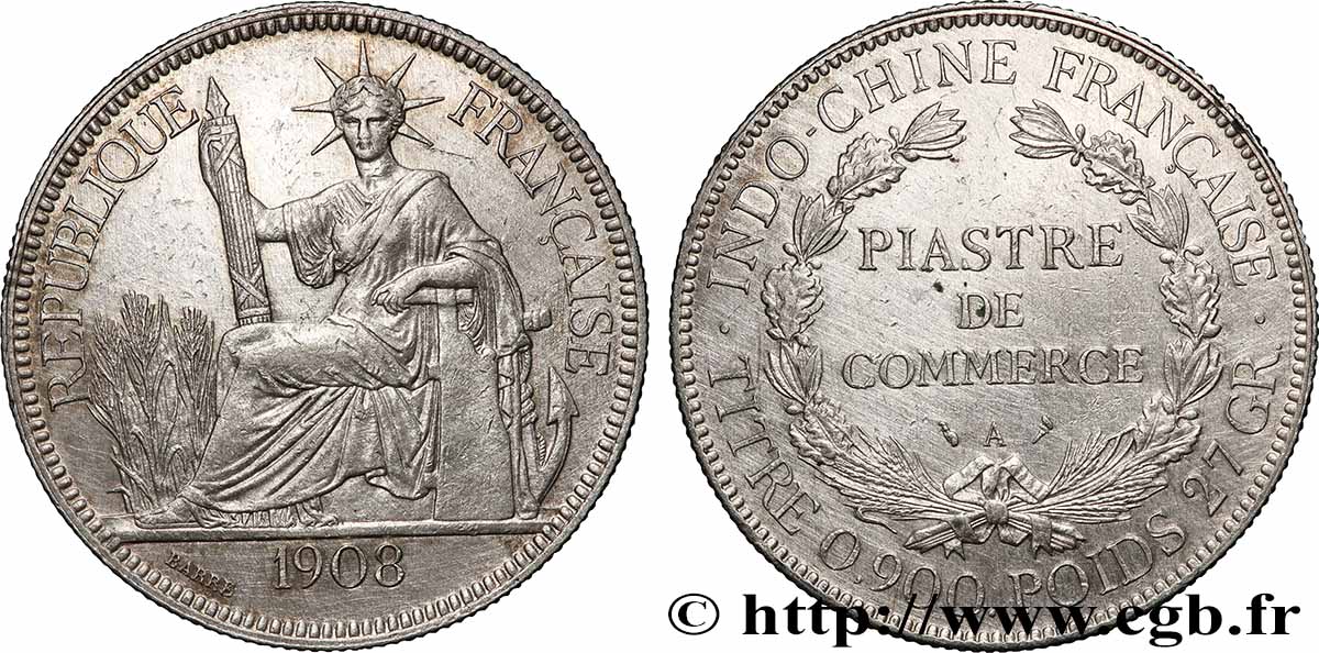 FRENCH INDOCHINA 1 Piastre de Commerce 1908 Paris AU 