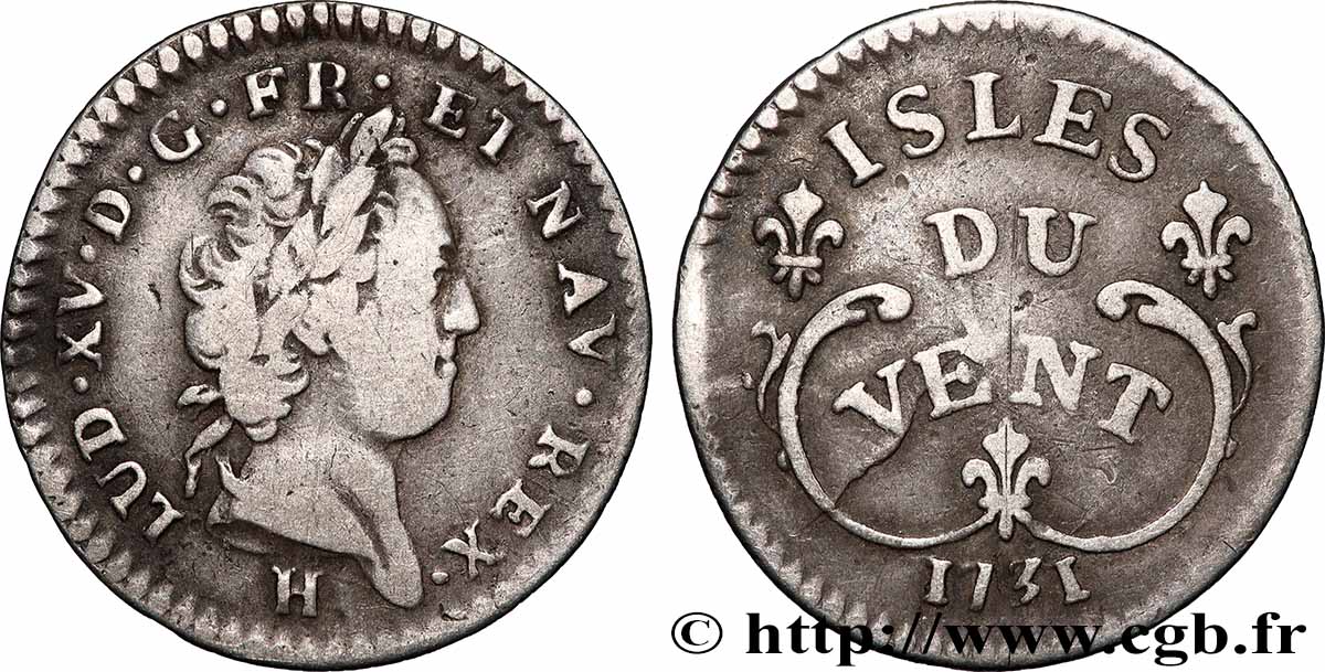 LOUIS XV - &nbsp;ÎSLES DU VENT&nbsp; /  WINDWARD ISLANDS Douze sols 1731 La Rochelle XF 