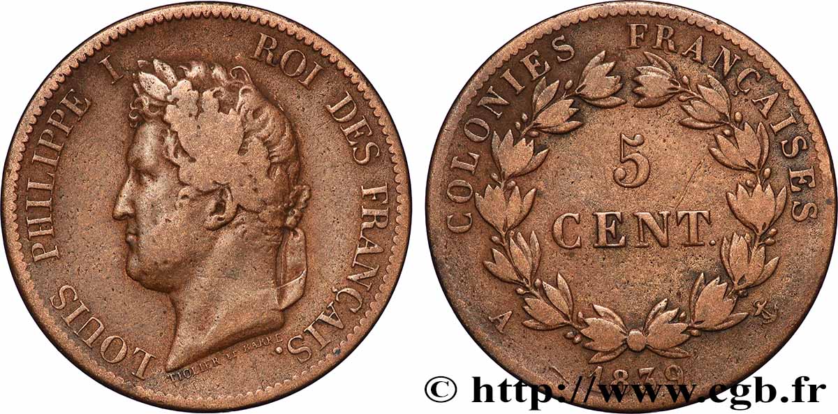 COLONIES FRANÇAISES - Louis-Philippe pour la Guadeloupe 5 Centimes Louis Philippe Ier 1839 Paris - A TB+ 