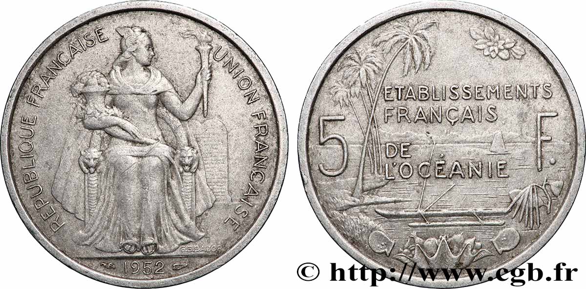POLYNÉSIE FRANÇAISE - Océanie française 5 Francs Établissements Français de l’Océanie 1952 Paris TTB 