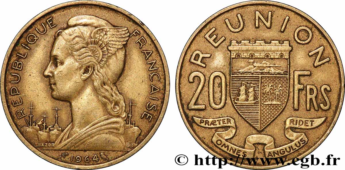 REUNION 20 Francs Marianne / armes 1964 Paris XF 