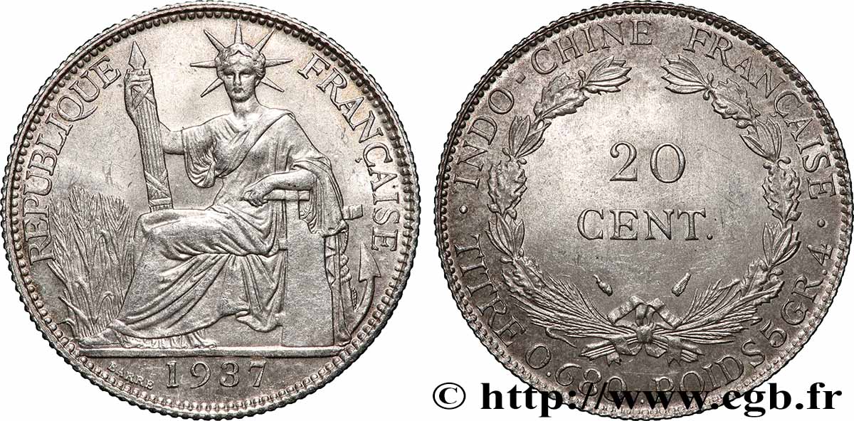 FRENCH INDOCHINA 20 Centièmes 1937 Paris AU 