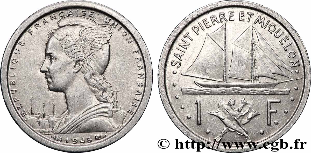 SAINT PIERRE AND MIQUELON 1 Franc Union Française 1948 Paris AU 